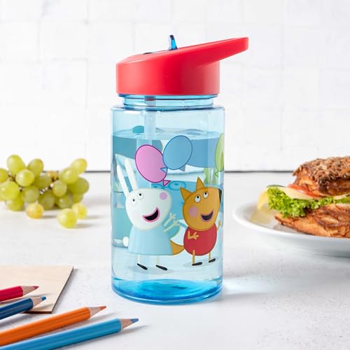 p:os Peppa Wutz Trinkflasche Kinder 450 ml - Mit Strohhalm - Kleine Flasche perfekt für Kindergarten, den Spielplatz oder Zuhause - Für Jungen und Mädchen, Blau