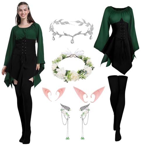 Renaissance Costume Set for Women, Medieval Dress with Crown Elf Ears Earrings, Traditional Irish Outfit, Victorian Green Clothing with Trumpet Sleeves for Forest Cosplay Party, XL