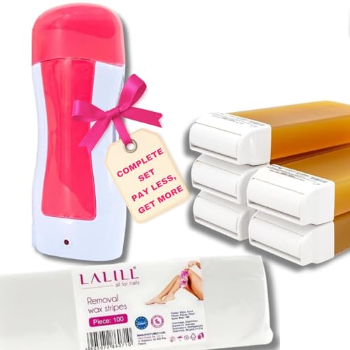 LALILL Waxing Set - Kit Epilazione con 100 Strisce in Tessuto, 6 Ricariche Cera da 100ml, Scaldacera Elettrico per Cartucce Roll-On (Rosa, Blu, Nero)