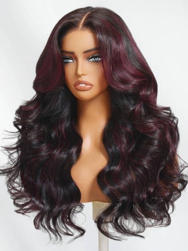 Image of Beauty Forever Pre Everything Glueless Front Black Cherry Highlights Body Wave Face Framing Human Hair Drawstring Wig Pre Plucked Pre Cut 13x4 HD Lace Bye Bye Knots Ready to Wear Frontal Wig 22inch