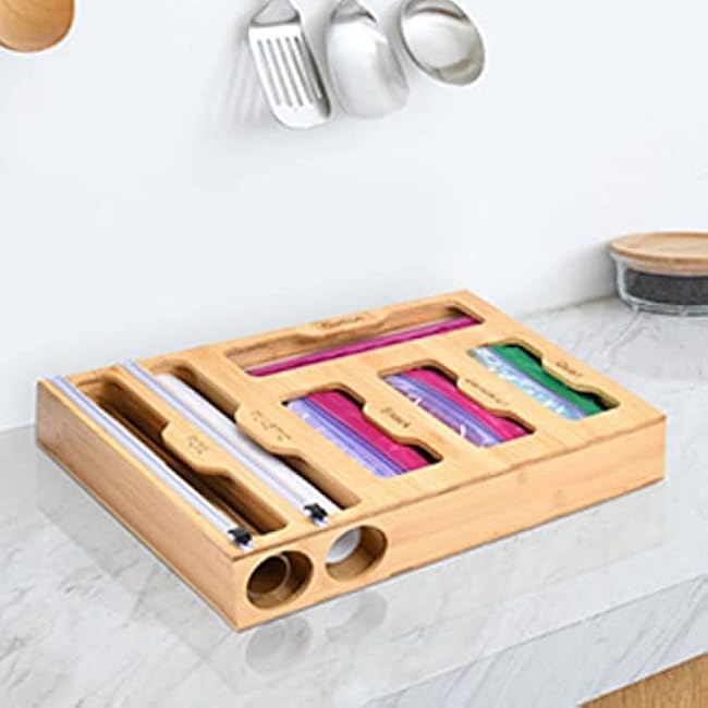 Bamboo Ziplock Bag Organizer - Foil and Plastic Wrap organizer with cutter - Holds up to 12¡± rolls - Baggie Organizer for Gallon, Quart, Sandwich, Snack Bags - Kitchen Organization - Drawer organizer