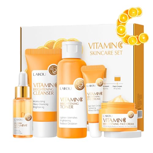 Vitamin-C-Hautpflege-Set, Hautpflege-Geschenke für Frauen, Teenager-Mädchen, Tag und Nacht, Hautpflege-Set & Kits – Reiniger, Toner, Gesichtsserum, Gesichtscreme und Augencreme (5 Stück)