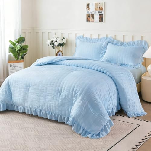 NTBED Seersucker Comforter Set for Girls Kids, Soft Chic Ruffled Bedding Sets,5 Pieces Princess Bed in a Bag (Blue,Full)