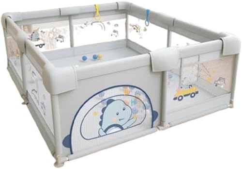 Large Baby Playpen with Zippered Entry, 180x200cm, 65cm Height, Dinosaur Theme, Grey