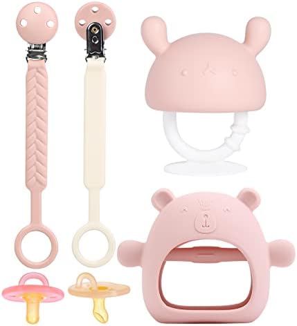 Utezena Teething Toys for Babies 0-6 Months - Silicone Hand Teethers for Babies-5 PCS Mushroom Teether, Bear Teething Mittens, Orthodontic Pacifier,Pacifier Clips for Baby Boys Girls Born(Dark Pink)