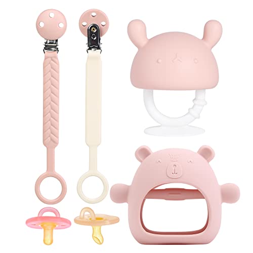Utezena Teething Toys For Babies 0-6 Months - Silicone Hand Teethers For Babies-5 Pcs Mushroom Teether, Bear Teething Mittens, Orthodontic Pacifier,Pacifier Clips For Baby Boys Girls Born(Dark Pink) #TOP3