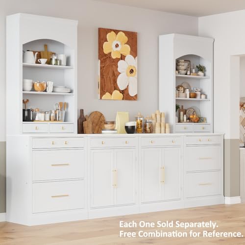 Image of Modern Freestanding Kitchen Pantry,Buffet Food Storage, Coffee Bar Cabinet with Drawer, 2 Adjustable Shelves and 2 Door Shelves for Dining, Kitchen, White (White + MDF + Farmhouse)