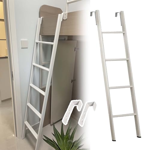 Escalera de metal blanco que ahorra espacio para literas y caravanas, escalón corto de 55 pulgadas con ganchos, perfecto para dormitorios y espacios pequeños y fácil instalación