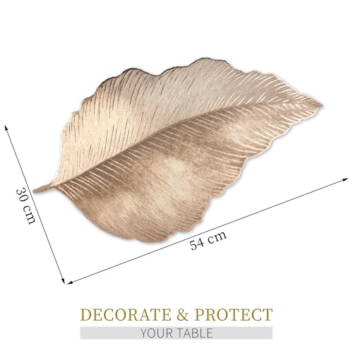 Image of Kuber Industries Soft Leather Dining Table Mat Set of 6 | Non-Slip Heat Resistant Placemats for Kitchen | Decorative Centre Table, Dinner Plate and Bed Side Mat | Emboss Leaf - Golden