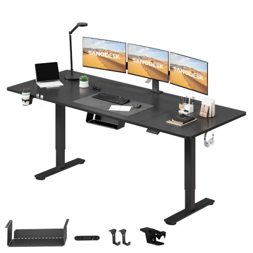 Image of SANODESK 200 * 80 Electric Standing Desk Height Adjustable Desk Sit Stand Table with 4 Memory Smart Pannel with Hooks and Cupholder Splice Board for Home Office