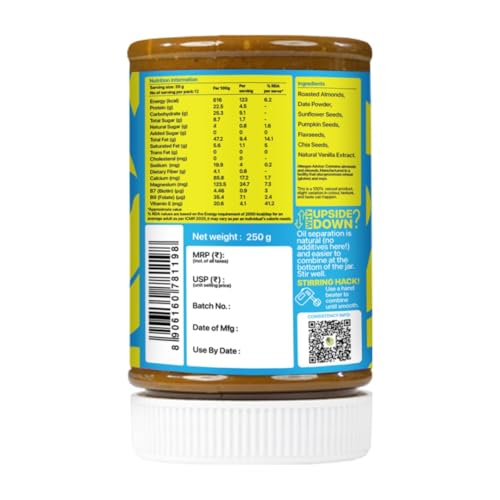 Image of Asmita Organic Farms Classic Creamy Almond Butter 250g | High Protein Spread | Made with 4 Super Multi-Seeds & Premium Almonds | Zero Palm Oil & Gluten-Free | Great for Spreads, Smoothies, Baking