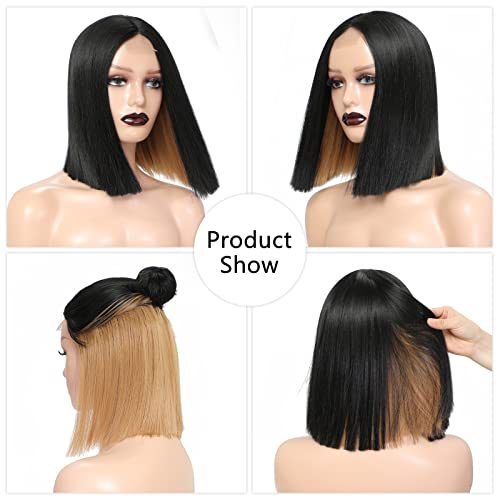 Xccoco Highlight Bob Wig Short Straight Synthetic Wigs 12Inch Blunt Cut Bob Straight Wig Black Wigs With Honey Blonde Highlights Peekaboo Lace Wigs For Women #TOP2
