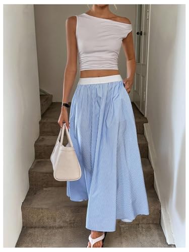 GORGLITTER Women's Striped Ruffle Long Skirt Contrast Trim High Waist Y2k Flowy Skirts4