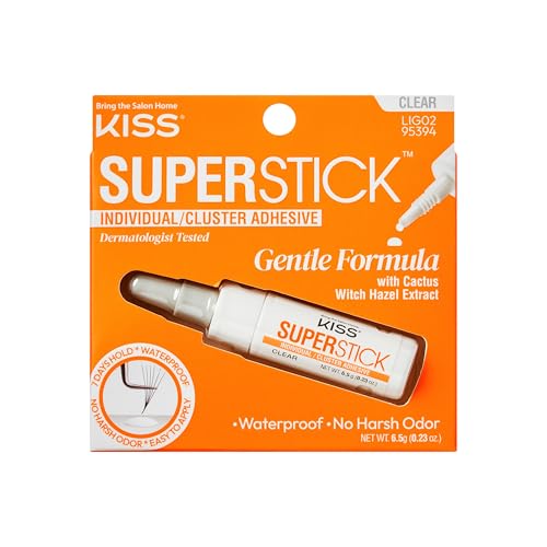 Kiss SuperStick Individual Lash Cluster Adhesive Gentle Formula 7 Day Hold Cactus & Witch Hazel Extract Dermatologist Tested Waterproof Lash Glue No Harsh Odor Net Wt. 6.5g (0.23 oz.) Clear
