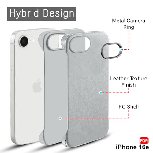 Image of TheGiftKart Hybrid Ultimate Slim Back Case Cover for iPhone 16e | Lightweight Profile | Hard Back Case Cover for iPhone 16e (PC & TPU, Metal Camera Ring, Leather Texture Finish, Grey)
