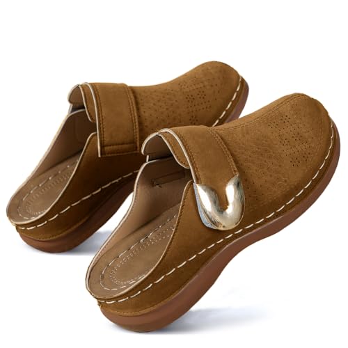 Dernolsea Leather Clogs for Women, Ladies Caged Closed Toe Low Wedge Mules Sandals Backless Slip On Loafers Tan Brown Size 5.5