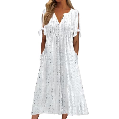 summer dresses for women uk,Summer Dresses for Women Uk 2025 Causal V-Neck Button Short Sleeve Vacation Floral Dress with Pockets Ladies Maxi Printing Dress Elegant Beach Party Club Dresses White M