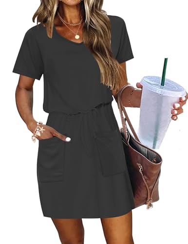 Image of AUSELILY Womens Summer Dresses 2026 Causal Short Sleeve V Neck Tie Front Mini Short Dress with Pockets