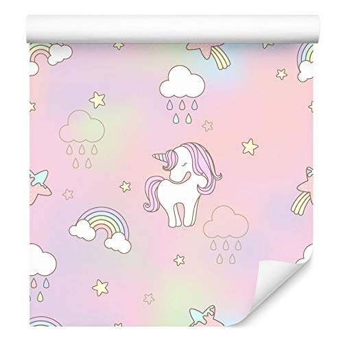 Wallepic 717531823 - Carta da parati per bambini, motivo: unicorni colorati, stelle e nuvole, sfondo in tessuto non tessuto, per cameretta dei bambini, motivo floreale