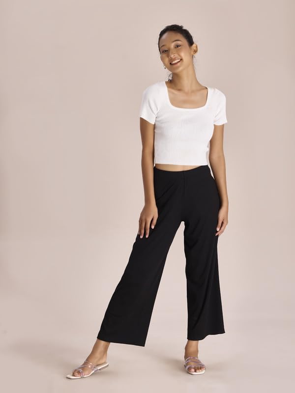 Image of GO COLORS Soft Rayon Blend Rib Palazzo Full Length for Women| Breathable, Mid Rise