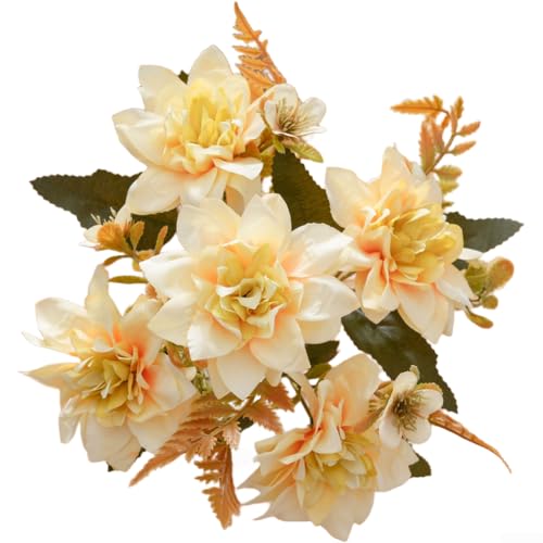 Ramos de crisantemos artificiales realistas, 30 cm de altura, para decoración del hogar y ramo de boda, diseño multirama con follaje, flores de tela para decoración interior y exterior (amarillo)