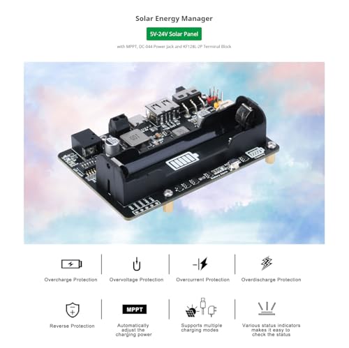 Solar Energy Manager MPPT Solar Charger Controller for 5V-24V Panels, 3.7V 18650 with USB/DC-044/KF128L-2P Terminals, Overcharge Protection, Compatible with Raspberry Pi