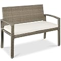 Best Choice Products Outdoor Bench 2-Person Wicker Garden Patio Benches Seating Furniture for Backyard, Porch w/Seat Cushion, 700lb Capacity - White Sand/Taupe