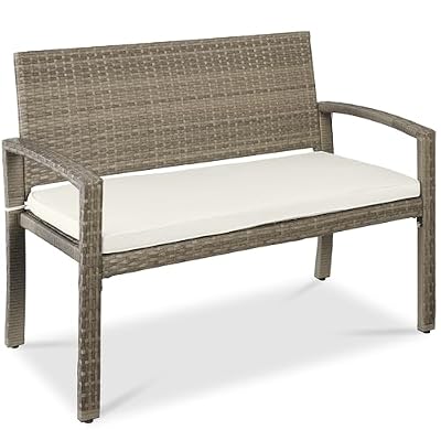 Best Choice Products Outdoor Bench 2-Person Wicker Garden Patio Benches Seating Furniture for Backyard, Porch w/Seat Cushion, 700lb Capacity - White Sand/Taupe