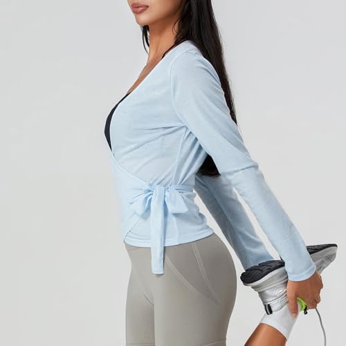 Image of Womens Slim Fit Tie Front Open Front Wrap Long Sleeve T Shirt Y2K Ballet Going Out Cardigan Aesthetic Casual Tops
