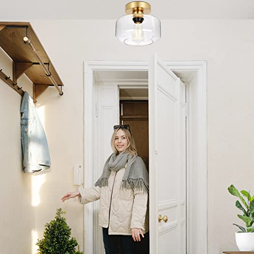 Industrial Semi Flush Mount Ceiling Light Brushed Gold, 800 Lumen Led Bulb Included, Clear Glass Shade Ceiling Light Fixture, Light Fixture For Hallway Bathroom Bedroom, Vintage Hanging Light Fixtures #TOP3
