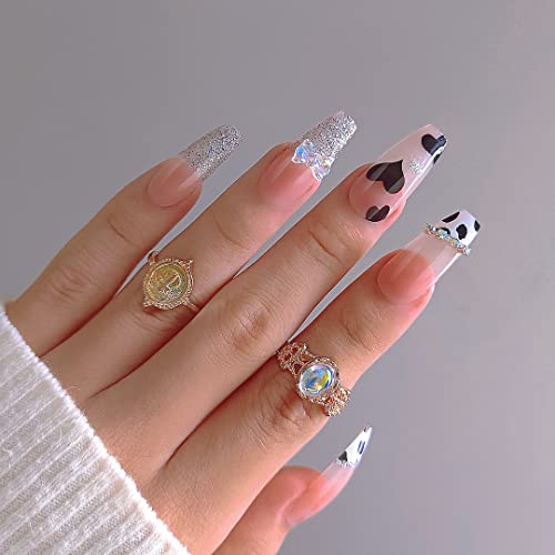 24 Pcs Press on Nails Long 3D Bling Rhinestone Nail Designs Fake Nails, Full Coverage French Press Nails for Women, Long Coffin Nails(white leopard print)