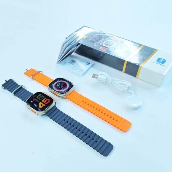 Zordai Z8 Ultra Max Smartwatches in orange and blue, with packaging and charger