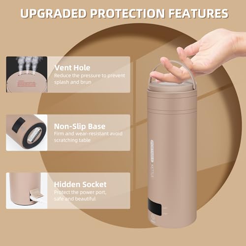Image of Travel Electric Kettle Portable Small Mini Tea Coffee Kettle Water Boiler, Water Heater with 4 Temperature Control,304 Stainless Steel with Auto Shut-Off & Boil Dry Protection, BPA-Free (Khaki)