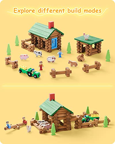 Image of SainSmart Jr. Wooden Log Cabin Set Farm Building House Toy for Toddlers, 122 PCS Classic STEM Construction Kit with Colorful Wood Logs Blocks for 3+ Years Old
