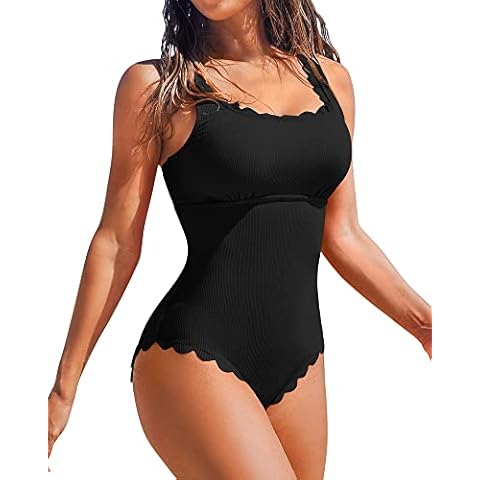 Charmo Womens Scalloped Ribbed One Piece Swimsuits Retro Square Neck Modest Bathing Suits Black L Cover