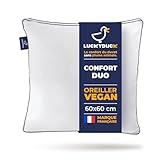 Luckyduck Oreiller Duo 60x60 - Une Face Ferme, Une Face Moelleuse - Garnissage Microfibre 1 Face et Polyester silliconnée Seconde Face- Percale Coton - Soutien Personnalisé - Lavable en Machine