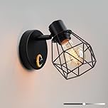 Lampop Wall Lights with Switch, Dimmable Wall Lamp, Adjustable 360°/90°Cage Shade, E27 Rustic Wall Lights for Bedrooms, Living Room, Hallway (Black, 1 Pack)