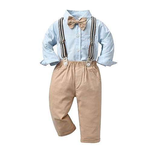 Image of Boarnseorl Baby Boys Pants Sets, Infant Long Sleeve Shirt + Pants + Bow Tie + Suspenders Outfits