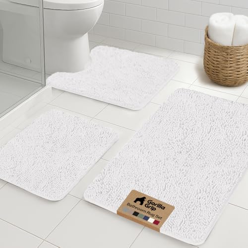 GORILLA GRIP Bathroom Rug Sets 3 Piece Bath Mat Set and Oval Toilet Base with Rubber Backing Plush Absorbent Shaggy Chenille Washable Mats Includes 24x19.5 24x17 and 30x20 Inch Rugs Cream