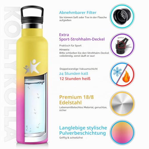 KollyKolla Thermosflasche 1L, Wasserflasche Kohlensäure Geeignet, Trinkflasche Edelstahl mit Strohhalm, Isolierflasche Auslaufsicher… – Ansicht 2