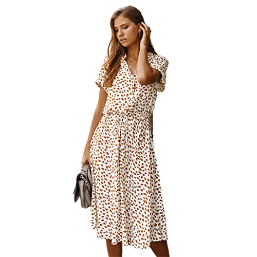Robe d'été pour femme à manches courtes style bohème et décontracté beige S