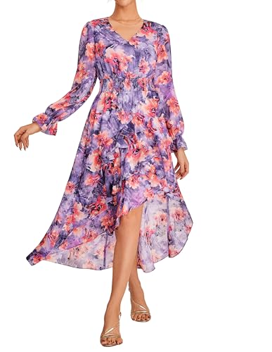 Damen Kleider A-Linien Langarm Blumenkleid V-Ausschnitt Sommerkleid Damen Leicht und Luftig Kleider für Hochzeitsgäste Lila-rote Blume L