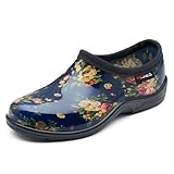 HISEA Waterproof Garden Shoe for Women Outdoor Slip-On Rain Boots Rubber Rain Shoes Short Ankle Booties and Garden Clogs with Comfort Insole, Size 8 Navy Flower