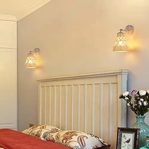 Dijiahua white wall sconces set of 2 bohemian modern light fixtures with metal shade farmhouse handmade hemp rope woven rattan craft to decor indoor bedroom living room hallway kitchen  urban country home decor