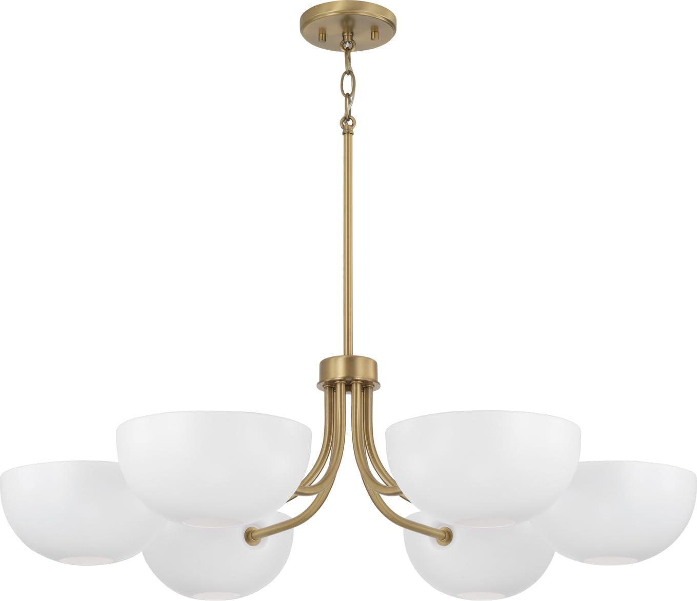 Capital Lighting 451461AW Reece Modern Retro/Vintage Art Deco Matte White Metal Shades Chandelier, 6-Light 360 Total Watts, 10" H x 34" W, Aged Brass and White