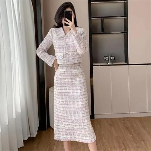 Women Elegant Tweed Tassel Edge High Waist Long Skirt Two Piece Suits2
