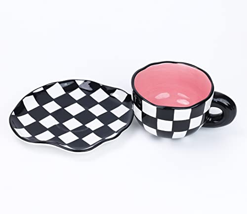 Noviko Black And White Checkered Mug Tea Cup And Saucer Plaid Coffee Mug - 7 Ounce #TOP2