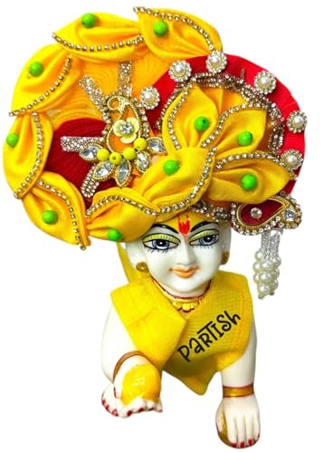 Image of Partish Laddu Gopal Heavy Dress for Janmashtmi with Mukut and Patka l Ladoo Gopal Dress l Bal Gopal l Kanha Ji Thakur Ji Heavy Dress (Size 6, Yellow)