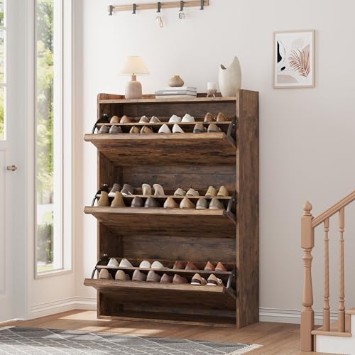 GarveeHome Shoe Cabinet with 3 Flip Drawers, Wooden Shoe Organizer with Adjustable Shelf, Shoe Storage for Entryway, Hidden Shoe Cabinet for Hallway, Living Room, Rustic Brown