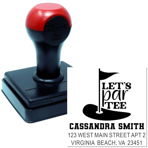Image of Custom Duo Hand Mailing Stamp Par-Tee Celebration Golf Flag - Your Address | Mailing Stamp Personalized. Any standard pad works. Golf Fan Stamp. Square imprint. One household per die. Nothing preset.